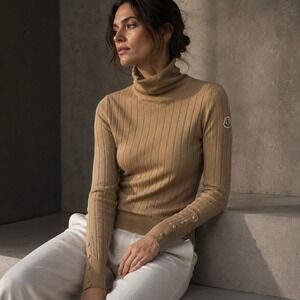 Moncler Virgin Wool & Cashmere Rib Turtleneck Sweater Womens S Tan Ribbed $960
